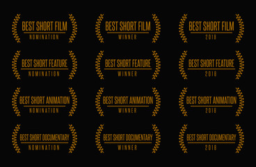 Movie award best short animated feature film motion picture documentary nomination winner black gold vector icon set