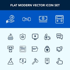 Modern, simple vector icon set with tv, folder, sign, machine, arrow, investment, money, star, dollar, bank, office, help, exercise, van, antenna, kitchen, danger, equipment, cooking, sandwich icons