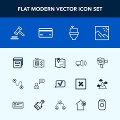 Modern, simple vector icon set with lawyer, card, point, wireless, justice, equipment, money, handle, legal, courthouse, radio, pin, restroom, scenery, book, position, person, map, megaphone, wc icons