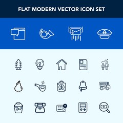 Modern, simple vector icon set with electricity, classic, bulb, tag, bag, hat, energy, mail, fresh, nature, building, pipe, organic, development, message, progress, estate, vintage, personal, id icons