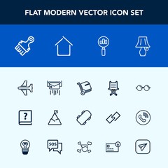 Modern, simple vector icon set with skateboard, lamp, skate, mail, message, mountain, eyesight, chair, eye, sky, , furniture, nature, old, board, book, graphic, extreme, airplane, airport, seat icons