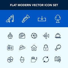 Modern, simple vector icon set with reel, envelope, risk, download, game, landscape, forest, estate, ship, sign, fishing, communication, antenna, flight, space, casino, luck, building, sea, post icons