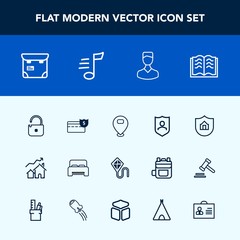Modern, simple vector icon set with profile, real, location, protection, literature, avatar, internet, sky, increase, house, business, people, security, joy, professional, sign, bedroom, double icons