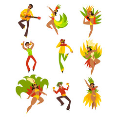 Fototapeta premium People dancing and playing music, Brazil carnival, dancing men and women in bright costumes vector Illustrations on a white background