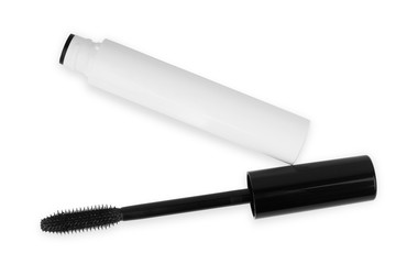 Closeup Mascara Bottle and Brush. Black Mascara wand and Tube Isolated on White.
