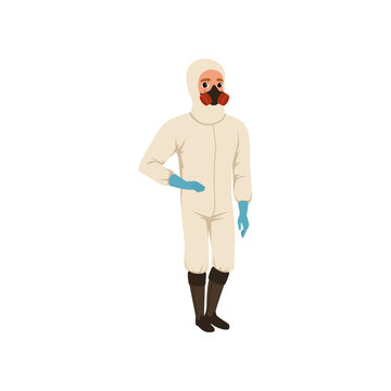 Cartoon man in protective chemical suit, gloves, boots and gas mask/respirator. Illustration for career day. Flat vector design