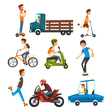 People on the street set, various vehicles cartoon vector Illustration on a white background