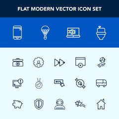 Modern, simple vector icon set with mobile, communication, monitor, emergency, phone, shipping, restroom, kit, parachuting, sky, audio, online, cross, toilet, parachute, buy, package, internet icons