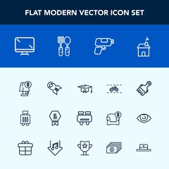 Modern, simple vector icon set with falling, bicycle, gun, display, house, wheel, bomb, game, winner, search, college, graduation, education, light, building, digital, screen, bag, electricity,  icons