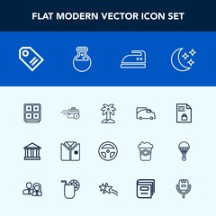 Modern, simple vector icon set with tag, list, traffic, iron, transport, greece, palm, technology, vehicle, night, transportation, equipment, bank, greek, price, star, leaf, sitting, supermarket icons