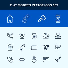 Modern, simple vector icon set with bubble, package, equipment, can, aluminum, speech, construction, camera, success, chat, job, award, reward, business, employer, architecture, film, prize, tin icons