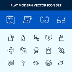 Modern, simple vector icon set with sun, plane, frame, education, chessboard, camera, house, network, fashion, airplane, game, map, landlord, tv, horse, road, technology, stationery, eye, home icons