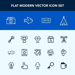 Fototapeta premium Modern, simple vector icon set with travel, camp, finance, fish, station, building, cash, laundry, estate, music, tent, ticket, flight, airplane, atm, award, architecture, adventure, win, door icons