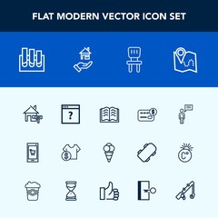 Modern, simple vector icon set with medical, phone, chat, balance, credit, analysis, page, literature, rent, paper, cream, ball, location, book, sale, communication, home, shop, travel, food icons