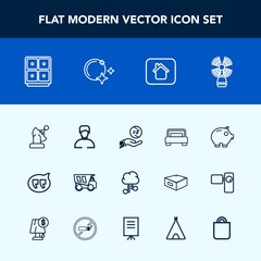Modern, simple vector icon set with estate, home, gift, bed, cash, boy, bank, sky, house, seamark, night, sea, lighthouse, bedroom, moon, truck, cloud, dump, tipper, travel, network, economy icons