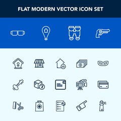 Modern, simple vector icon set with glasses, weight, mask, old, door, wallet, property, equipment, estate, business, real, cash, key, gun, handgun, box, finance, currency, location, map, weapon icons