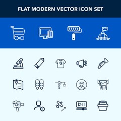 Modern, simple vector icon set with buoy, print, trolley, water, voice, science, brush, loud, biology, location, jazz, laboratory, tool, construction, research, hammer, road, paint, typography,  icons