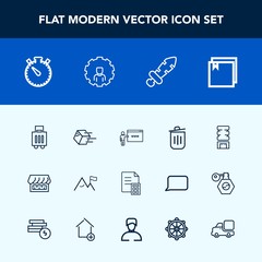 Modern, simple vector icon set with cooler, delivery, curtain, mobile, timer, weapon, file, account, web, clock, package, luggage, go, blade, nature, cold, bag, bin, business, time, medieval icons