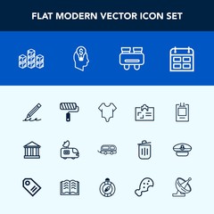 Modern, simple vector icon set with write, storehouse, timetable, satellite, personal, tv, identity, pen, id, day, storage, calendar, time, brush, travel, warehouse, badge, television, fashion icons