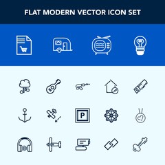 Modern, simple vector icon set with car, cloud, supermarket, gun, internet, lamp, wheel, transport, bulb, television, rudder, communication, technology, military, home, ship, hammer, shopping icons