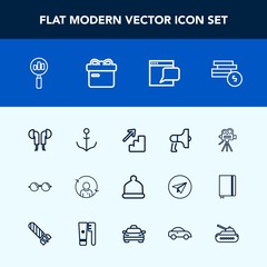 Modern, simple vector icon set with profile, eye, movie, eyeglasses, downstairs, cash, business, helm, head, headset, announcement, rudder, quality, wheel, music, fashion, audio, tripod, bank icons