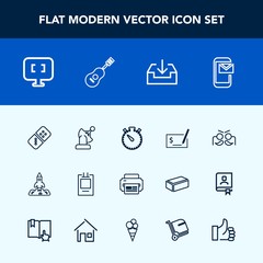 Modern, simple vector icon set with shuttle, music, badge, internet, game, rocket, carnival, business, pay, email, clock, label, computer, concert, launch, party, web, domino, laptop, sign, row icons