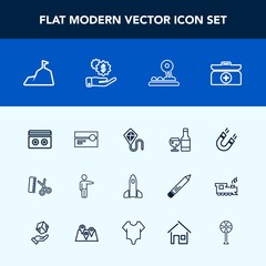 Modern, simple vector icon set with fashion, money, arrow, wine, hand, button, rocket, kite, audio, people, sky, field, magnetic, aid, tape, technology, showing, drink, professional, pole, hair icons