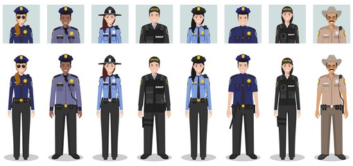 Police people concept. Set of different detailed illustration and avatars icons of SWAT officer, policeman, policewoman and sheriff in flat style on white background. Vector illustration.