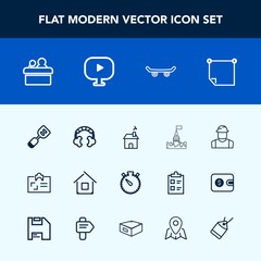 Modern, simple vector icon set with office, skater, architecture, headset, medieval, spatula, tool, personal, engineer, conference, note, watch, speaker, time, meeting, identity, building, audio icons