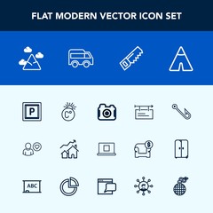 Modern, simple vector icon set with camera, nature, property, adventure, thermometer, blue, hook, car, fahrenheit, profile, banner, construction, photo, billboard, internet, real, rod, sign, sky icons