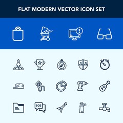 Modern, simple vector icon set with eye, award, summer, joy, fun, security, eyeglasses, hat, space, direction, south, prize, protect, business, rocket, win, graph, pie, cap, time, shuttle, kite icons