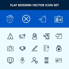 Modern, simple vector icon set with helicopter, profile, write, message, adventure, money, voice, loud, space, travel, headset, balance, air, rocket, woman, pen, sound, bank, chat, credit, camp icons