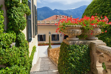 View of classic terrace in the park of Villa del Balbianello, Lake Como, Lenno, Lombardia, Italy 