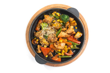 Meat hot frying pan with potatoes, vegetables