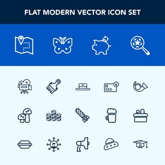Modern, simple vector icon set with nature, video, coin, bugle, bag, money, investment, edible, fire, , mushroom, road, power, danger, bank, camera, white, storage, cap, business, storehouse icons