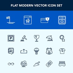 Modern, simple vector icon set with bank, wildlife, extreme, baja, jump, crash, button, law, touch, courthouse, lawyer, car, cash, window, transport, web, animal, coin, parachute, glass, ocean icons