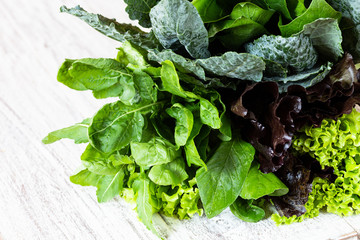 Leaves of green and red lettuce, rucola, kale, amaranth, spinach on white table