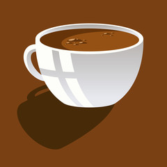 Raster picture of white ceramic cup with coffee on a brown background