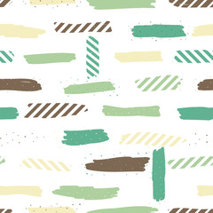 Seamless repeating pattern with brush strokes in pastel brown, green and dots texture on white background. Modern tiling background, poster, textile, greeting card design.