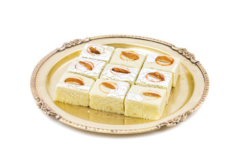 Indian Sweet Food Badam Barfi Also Know As Mithai, barfee, Mawa Barfi, Mava barfi, Almond Sweet, khoya Burfi Indian Popular Sweet Made up of Coconut, Mawa, Milk and Sugar isolated on white background
