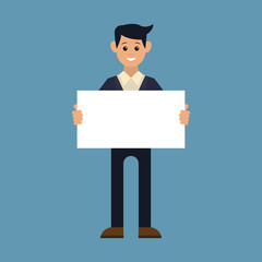 businessman showing blank signboard, with copyspace area for your text or slogan. vector illustration