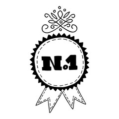 Vector illustration of hand drawn badge with text Number One, ribbons nad flourishes
