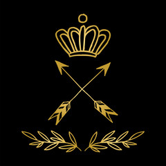 Hand drawn golden logo vector illustration with crown, arrows and olive branches on dark background