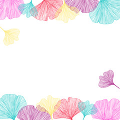 Ginkgo biloba leaves, vector illustration top and bottom side border in bright colors for background
