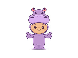 Cute little boy wearing purple hippo onesie vector cartoon illustration in kawaii style