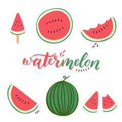 Watermelon sliced hand drawn vector illustration with hand lettering