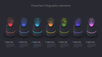 Business process chart infographics with 7 step segments. Circular corporate timeline infograph elements. Company presentation slide template. Modern vector info graphic layout design.