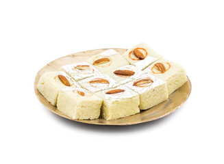 Indian Sweet Food Badam Barfi Also Know As Mithai, barfee, Mawa Barfi, Mava barfi, Almond Sweet, khoya Burfi Indian Popular Sweet Made up of Coconut, Mawa, Milk and Sugar isolated on white background