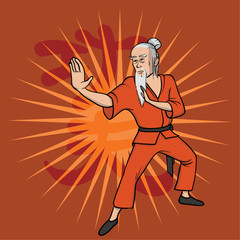 Shaolin monk practicing kung fu or wushu. Kung Fu hieroglyph. Martial art. Vector illustration, isolated on red background.