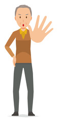 An elderly man wearing brown clothes is stop gesture